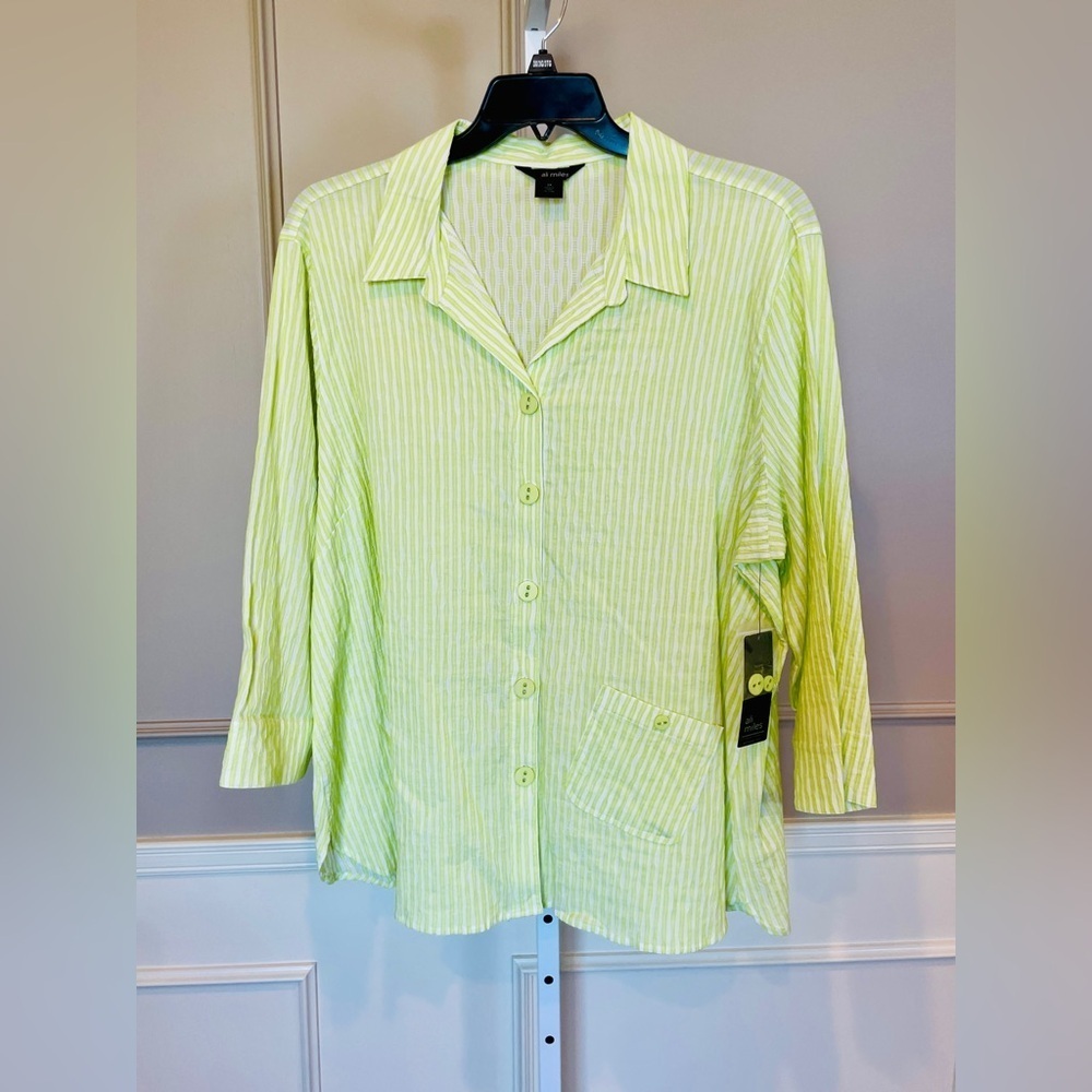 Ali Miles NWT 2X Button Down Blouse Lime Green White Seersucker Pocket A Line